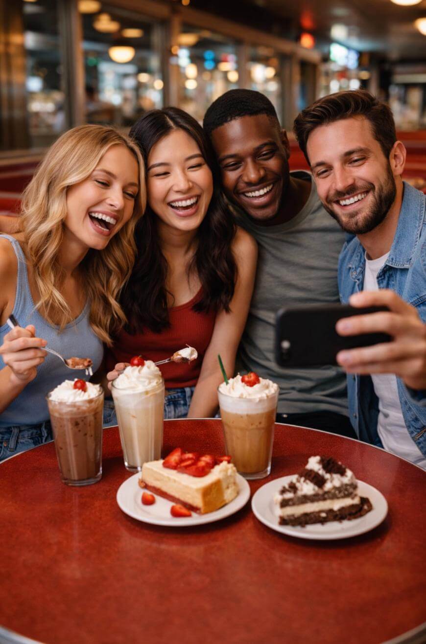 Four friends sit at a diner table with milkshakes and cake, smiling and taking a selfie together. The atmosphere is cheerful and lively, with desserts and drinks in front of them.