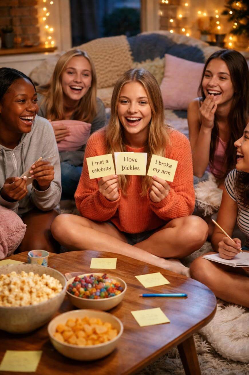Five young women sit on the floor laughing and playing a game. One holds up three cards that read, I met a celebrity, I love pickles, and I broke my arm. Snacks are on the table in front of them. Twinkle lights decorate the background.