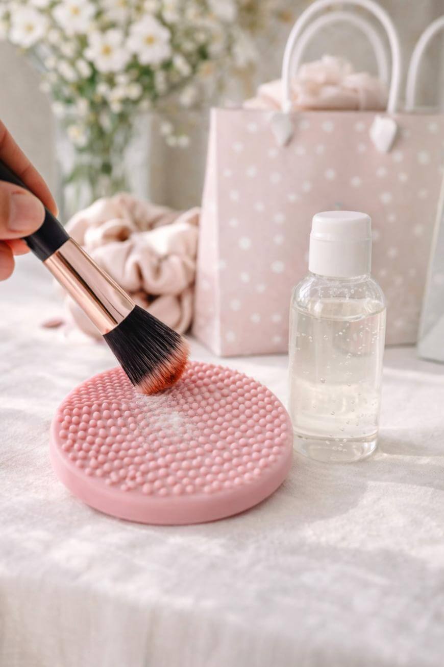 A hand cleaning a makeup brush on a pink textured pad, with a clear bottle of liquid and a pink polka dot gift bag in the background on a white surface.