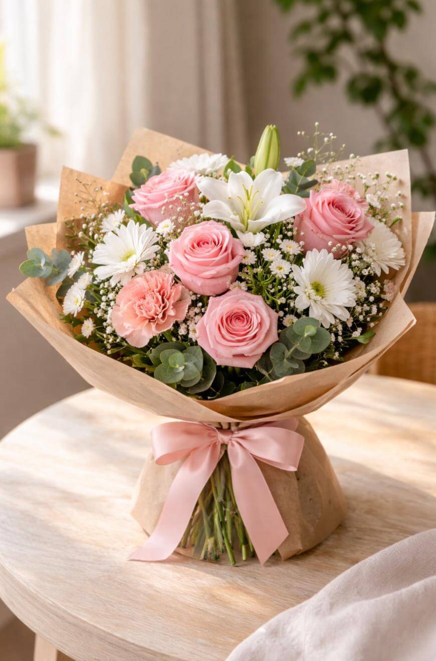 A bouquet of pink roses, white daisies, and baby’s breath wrapped in brown paper with a pink ribbon, displayed on a light wooden table in a softly lit room.