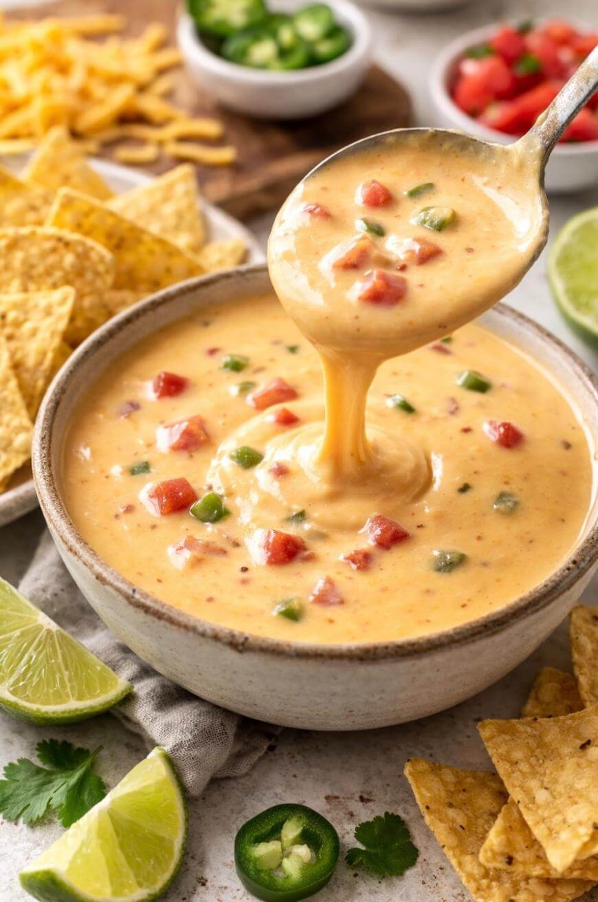 A spoon lifting creamy cheese dip with diced tomatoes and jalapeños from a bowl, surrounded by tortilla chips, lime wedges, sliced jalapeños, shredded cheese, and a bowl of salsa.