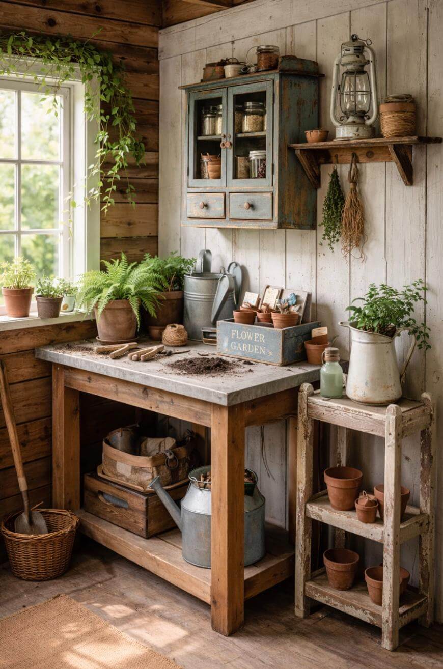 A rustic potting shed with wooden walls, a workbench topped with potted plants and gardening tools, shelves holding pots and supplies, and sunlight streaming through a window with greenery outside.