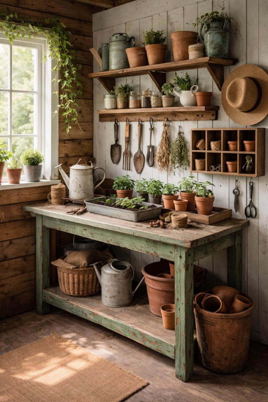 A rustic potting bench by a sunny window, with potted plants, garden tools, watering cans, and clay pots neatly arranged on shelves and the tabletop in a cozy wooden room.