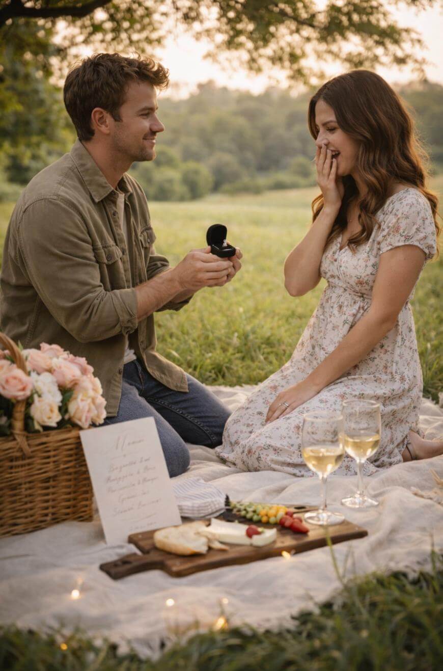 A man proposes to a surprised woman during a picnic outdoors. They sit on a blanket with wine, cheese, a basket of flowers, and a menu. The scene is romantic and set in a grassy field at sunset.