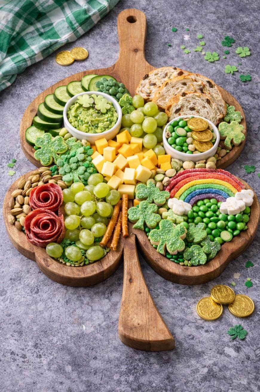 A shamrock-shaped wooden board holds green snacks, cheeses, grapes, cucumber slices, crackers, salami, pretzels, cookies, a candy rainbow, bread slices, and gold chocolate coins on a gray surface with a green napkin.