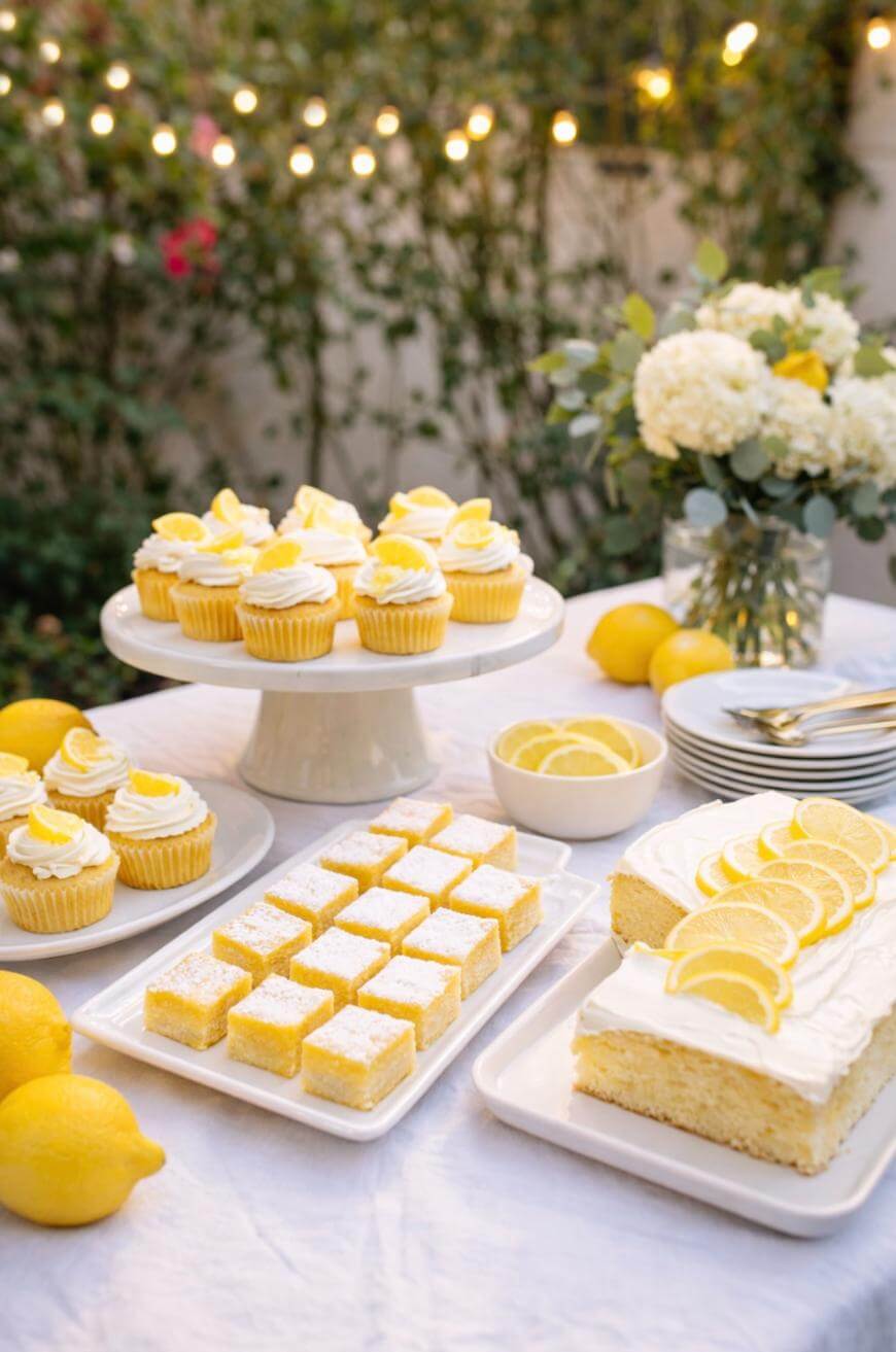 A table set outdoors with lemon-themed desserts, including cupcakes, lemon bars, and a sheet cake topped with lemon slices. Fresh lemons, a bowl of lemon wedges, and a vase of white flowers decorate the scene.