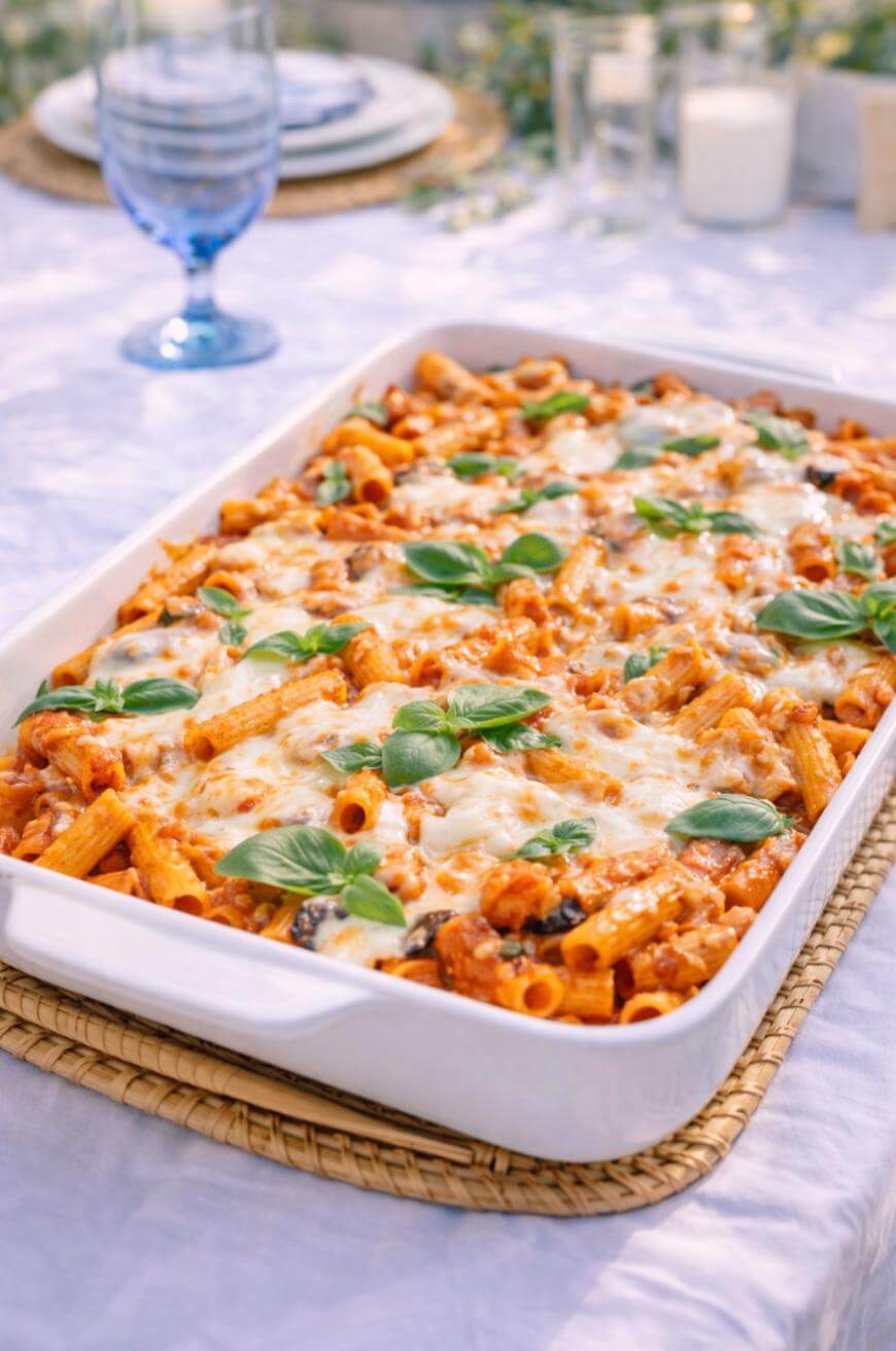 A white baking dish filled with baked rigatoni pasta topped with melted cheese and fresh basil leaves sits on a woven mat on a white tablecloth, with glassware and table settings in the background.