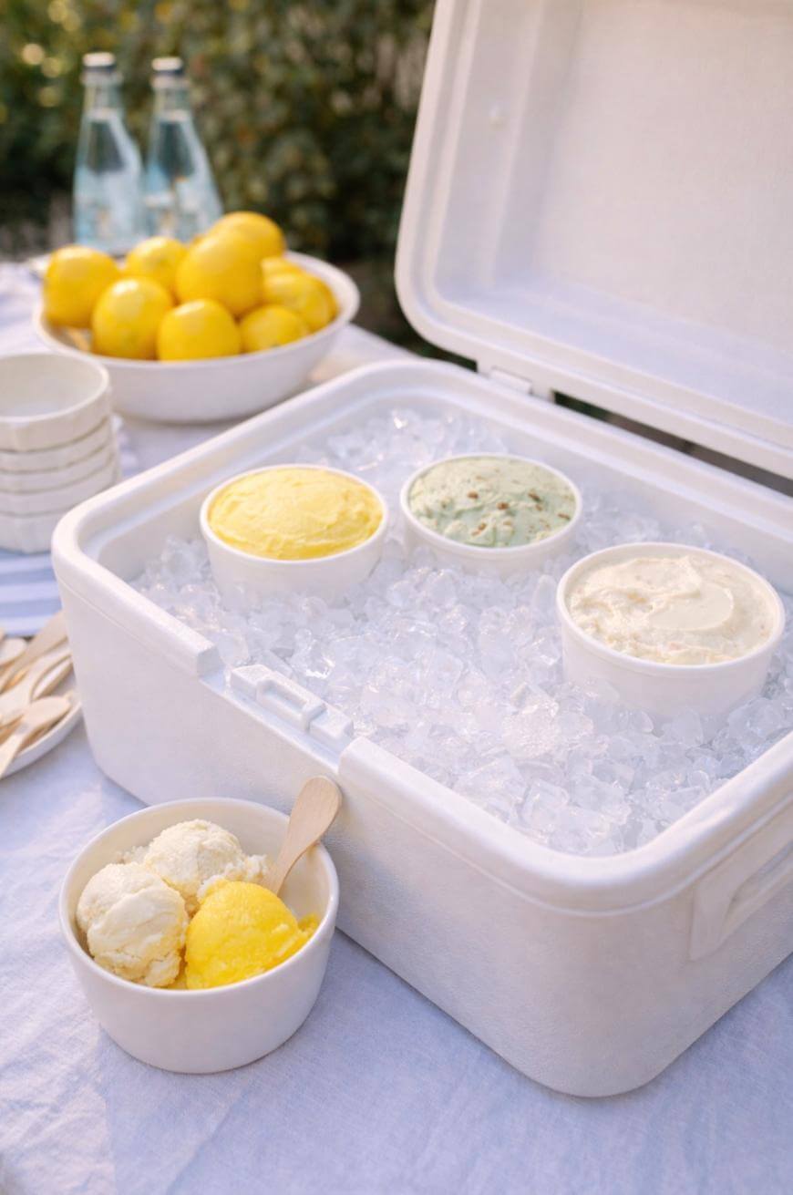A white cooler filled with ice holds three bowls of different ice creams. Nearby, a bowl of lemons, bottles of sparkling water, stacked cups, and a bowl with three scoops of ice cream are set on a table.