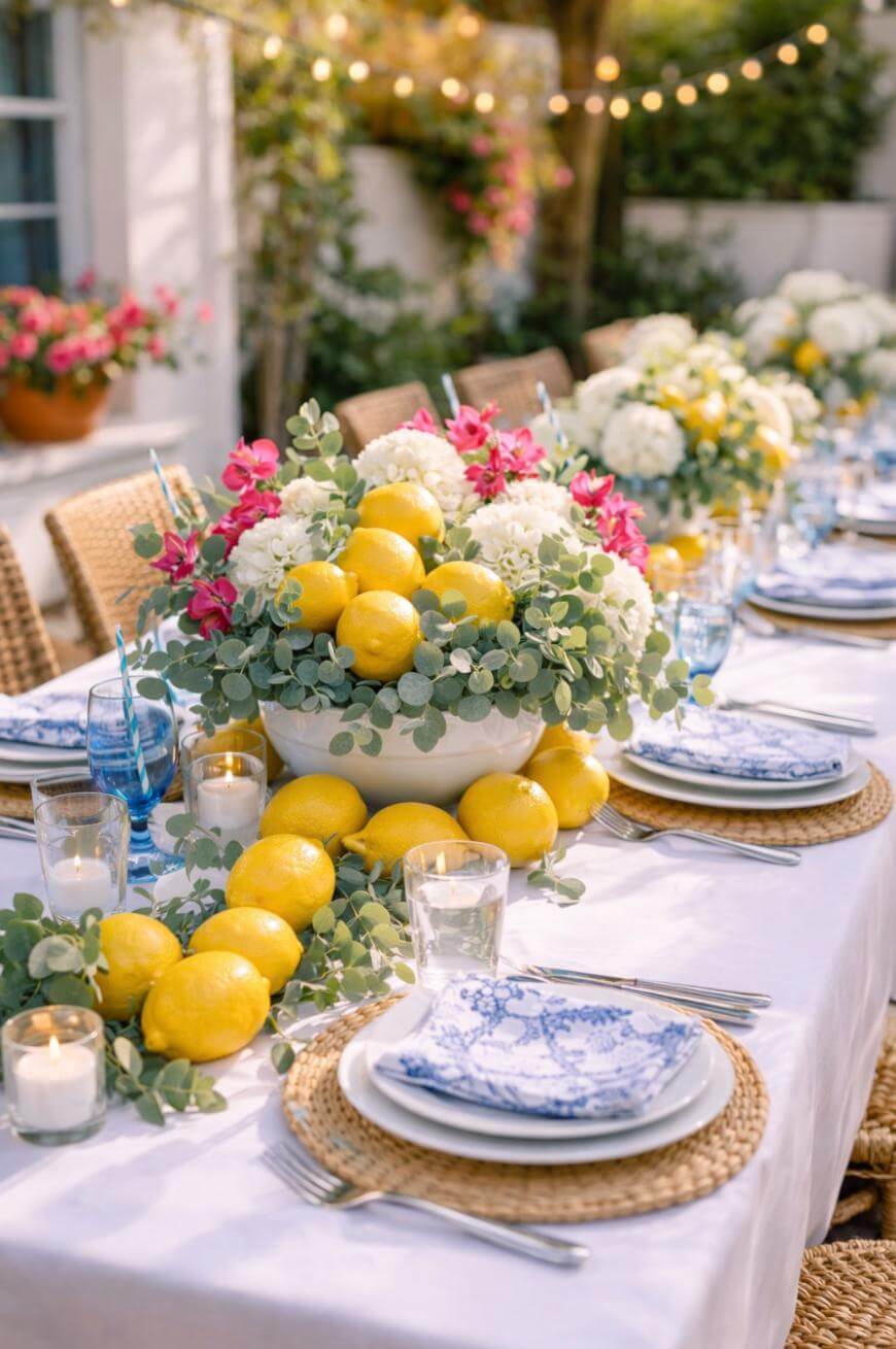 A table set for an outdoor gathering, decorated with lemons, greenery, and flowers as a centerpiece, blue and white plates, glassware, woven placemats, and small candles, with string lights and greenery in the background.