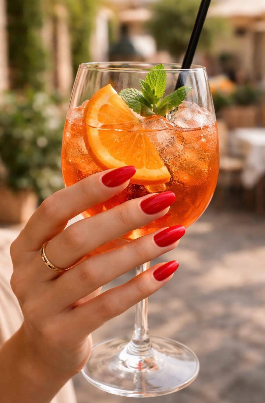 A hand with red nail polish holds a glass of orange cocktail with ice, orange slices, and a mint garnish; a black straw is in the drink and an outdoor setting is blurred in the background.