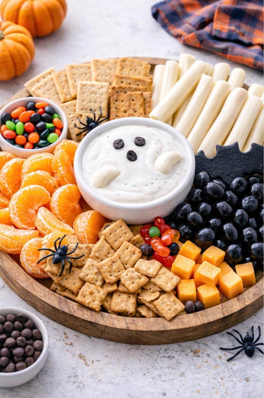 A round wooden tray holds crackers, cheese cubes, grapes, orange segments, a bowl of ranch dip decorated as a ghost, string cheese, candy, and Halloween-themed decorations like plastic spiders and a bat-shaped chalkboard.