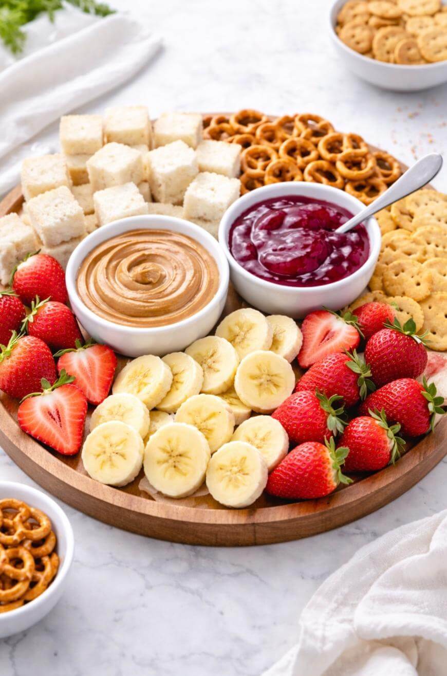 A round wooden platter with sliced bananas, strawberries, sandwich cubes, pretzels, crackers, a bowl of peanut butter, and a bowl of jelly on a marble surface.