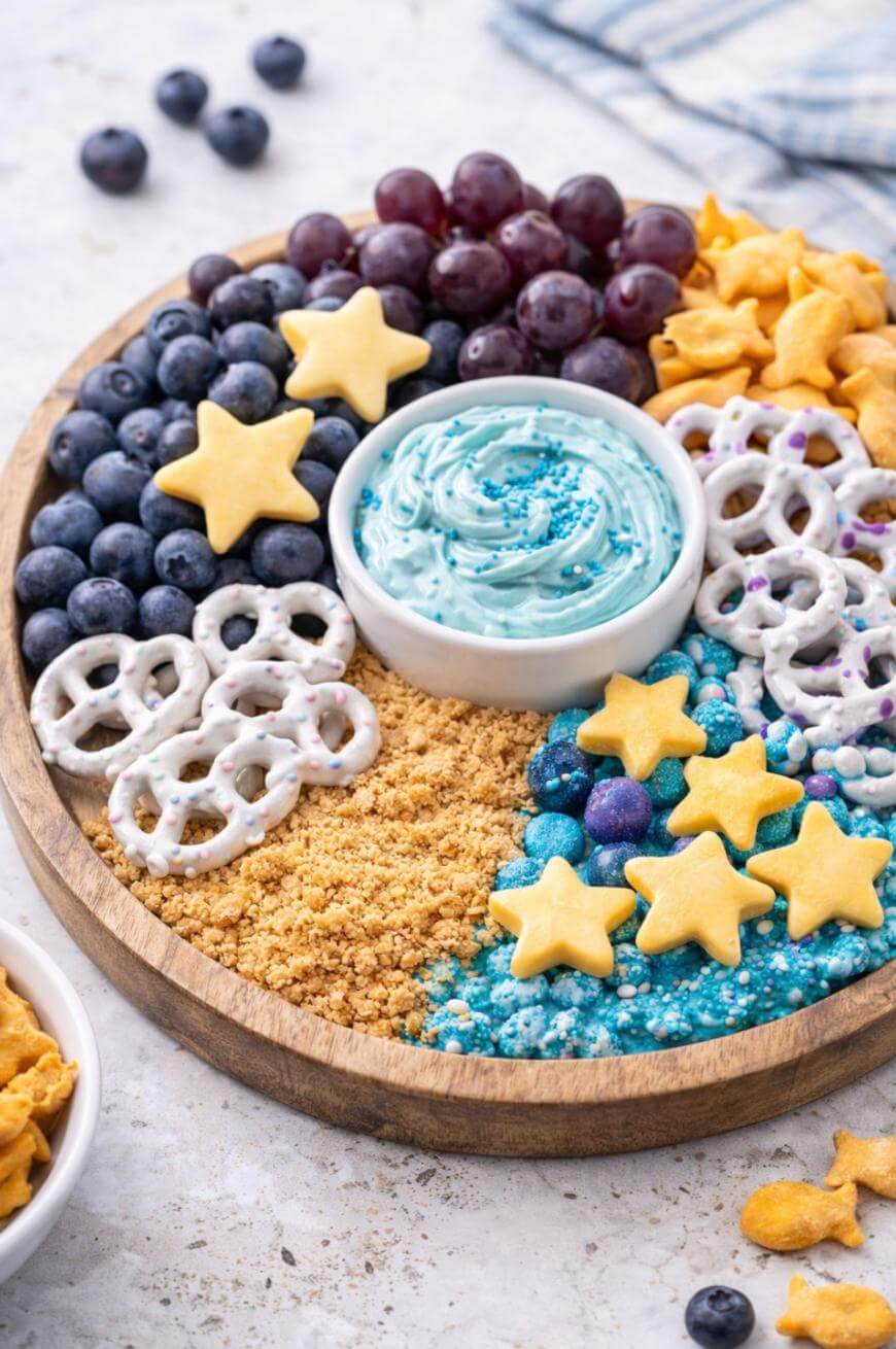 A round wooden tray with sections of blueberries, purple grapes, goldfish crackers, yogurt-covered pretzels, cookie crumbs, blue candies, star-shaped cookies, and a bowl of blue dip in the center.