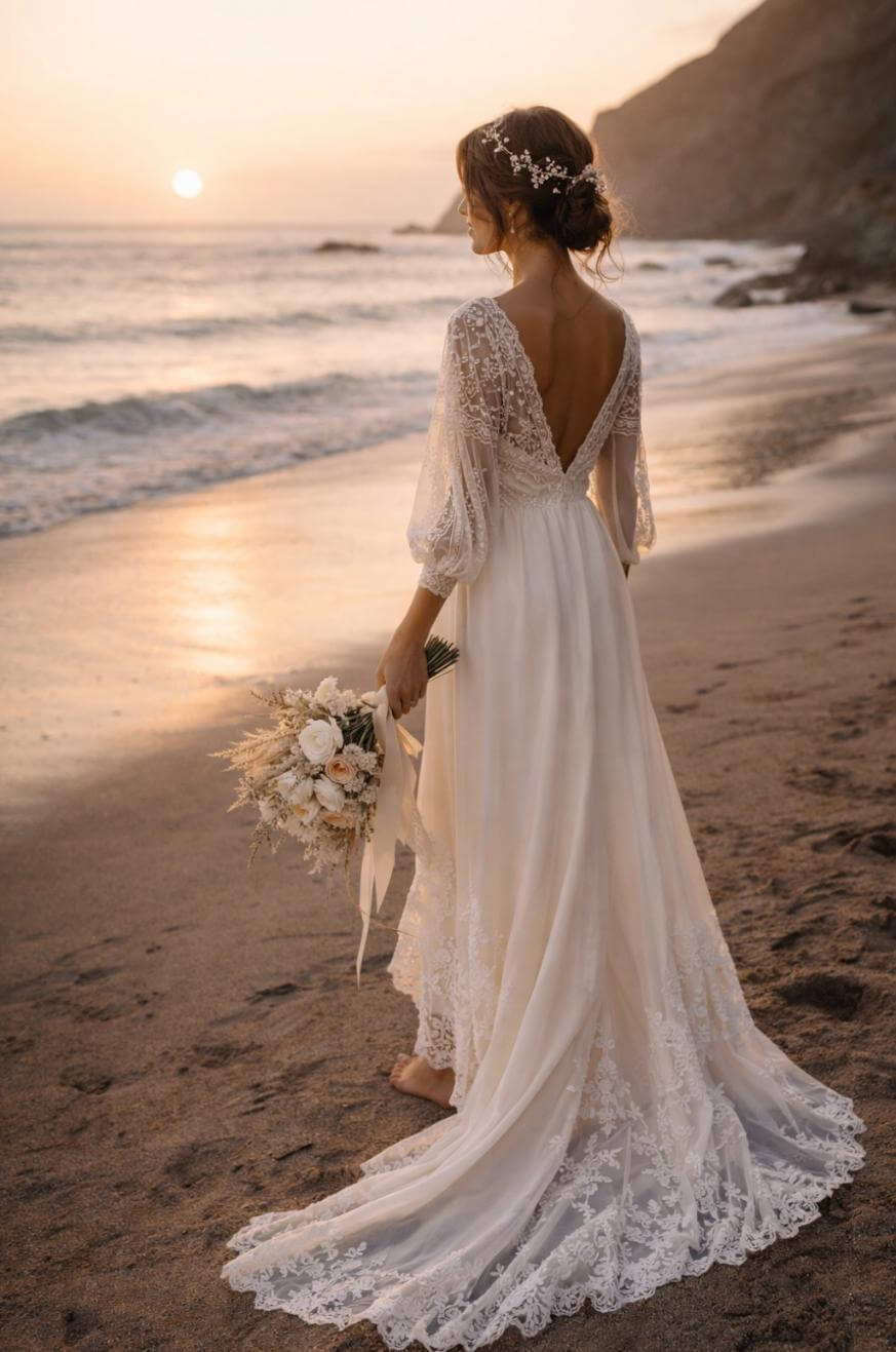 A bride in a lace wedding dress holds a bouquet and stands barefoot on the beach at sunset, looking toward the ocean with gentle waves and cliffs in the background.