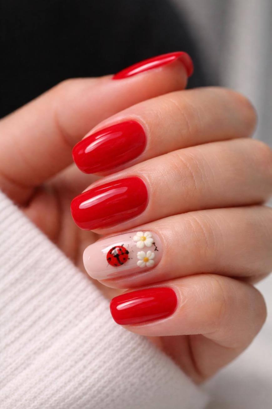 A hand with neatly manicured nails, four painted glossy red and one accent nail painted nude with a ladybug and two small white daisy designs. The person is wearing a light-colored sleeve.