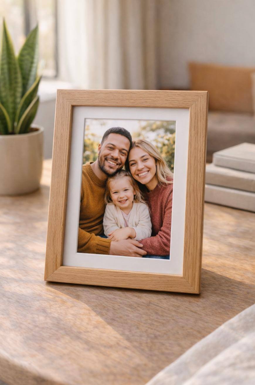 A wooden picture frame sits on a table, displaying a photo of two adults and a child smiling and hugging outdoors. Nearby are stacked books and a potted plant, with soft natural light filling the room.