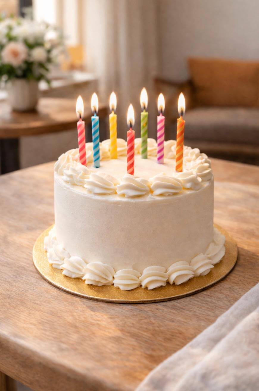 A white frosted cake decorated with swirls of icing and eight lit, colorful striped candles sits on a wooden table. A blurry bouquet of flowers and a sofa are in the background.