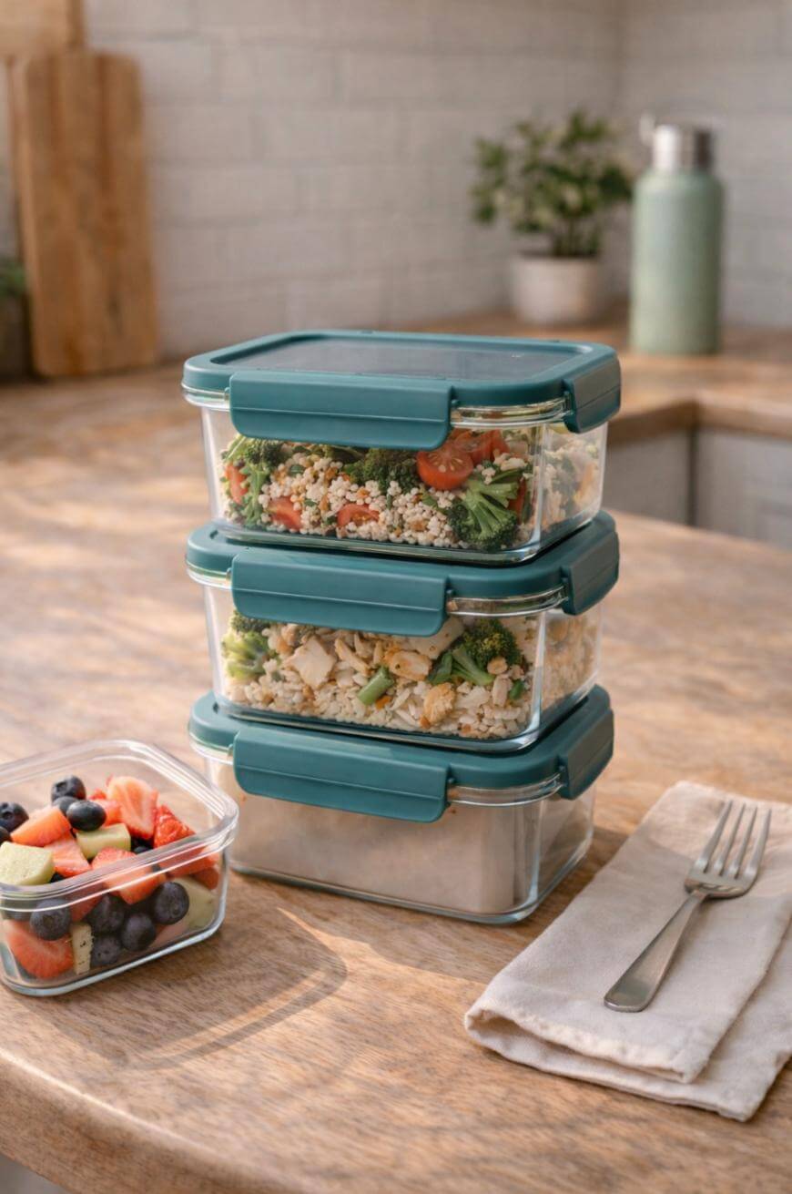 Three glass meal prep containers stacked on a wooden countertop, filled with rice, vegetables, and greens. Beside them is a small container of mixed fruit, a fork, and a folded napkin.