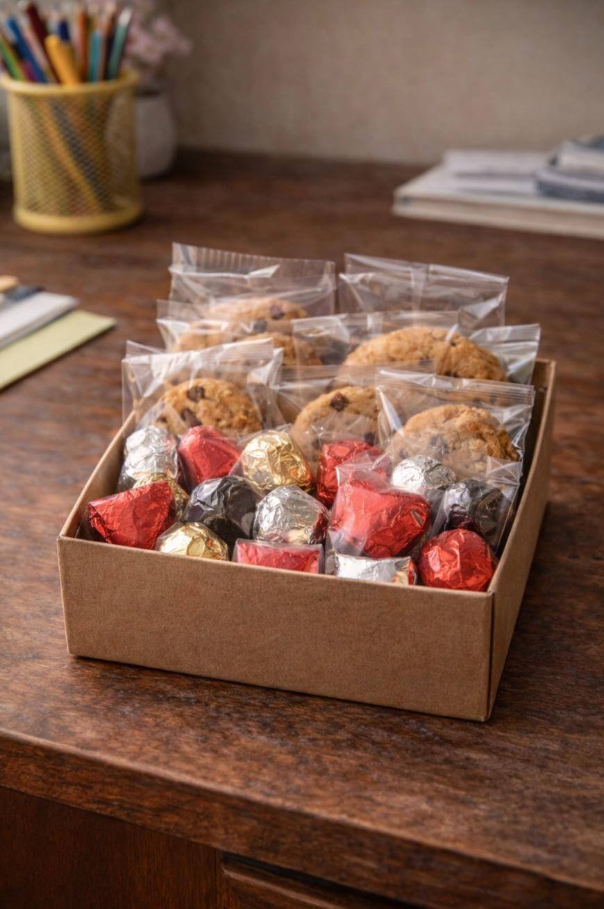A brown box on a wooden desk contains individually wrapped chocolate chip cookies and assorted foil-wrapped chocolates. In the background are stationery items and stacked papers.