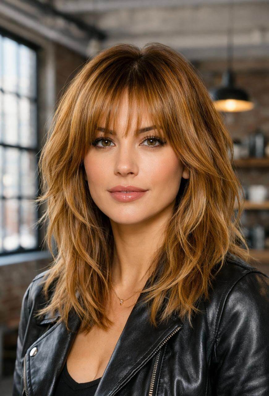 A woman with layered, shoulder-length light brown hair and bangs, wearing a black leather jacket, poses indoors with exposed brick walls and industrial decor in the background.