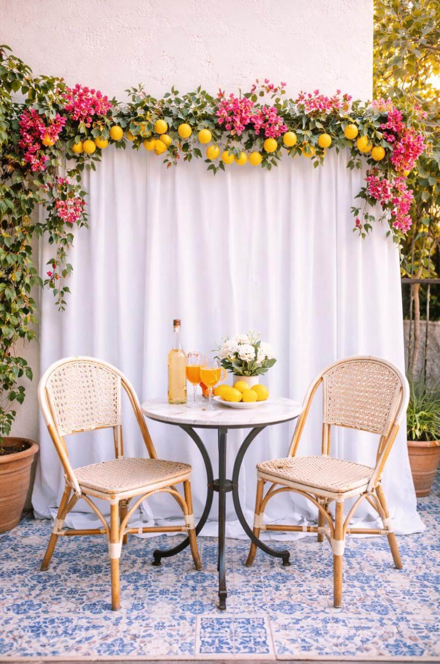 A small round table with two wicker chairs sits on a blue-tiled patio. The table holds drinks, a bottle, lemons, and flowers. Behind is a white curtain decorated with pink flowers and lemons.