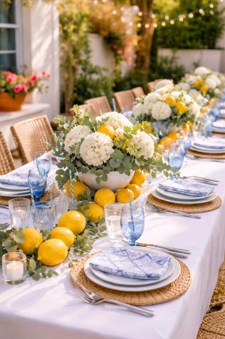 A long outdoor table is set with woven placemats, blue glasses, patterned plates, and a white tablecloth. Lemon and greenery centerpieces are accented with white flowers. String lights and plants decorate the background.