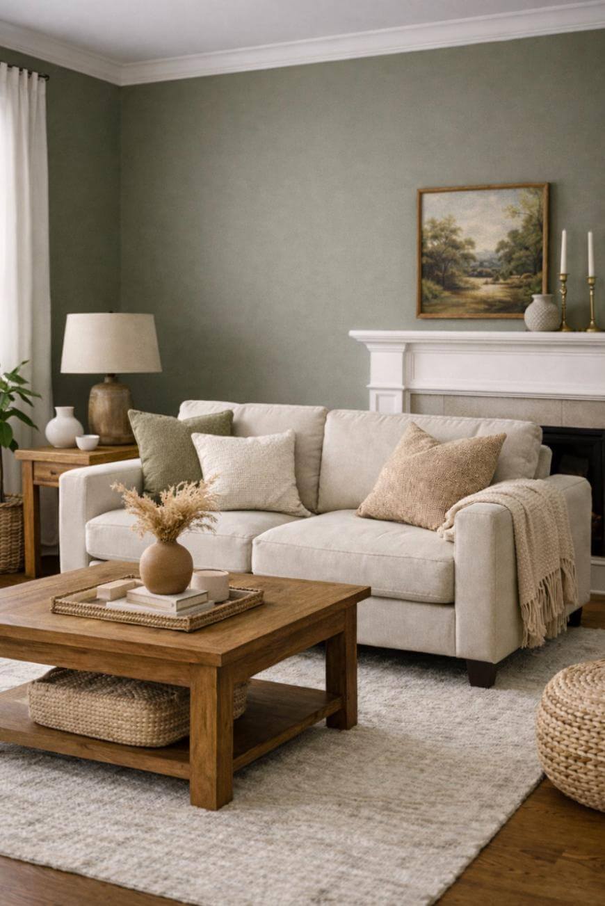 A cozy living room with a beige sofa, neutral pillows, a wooden coffee table with a vase, a textured rug, a fireplace with candles, and a landscape painting on the wall. Soft natural light fills the space.