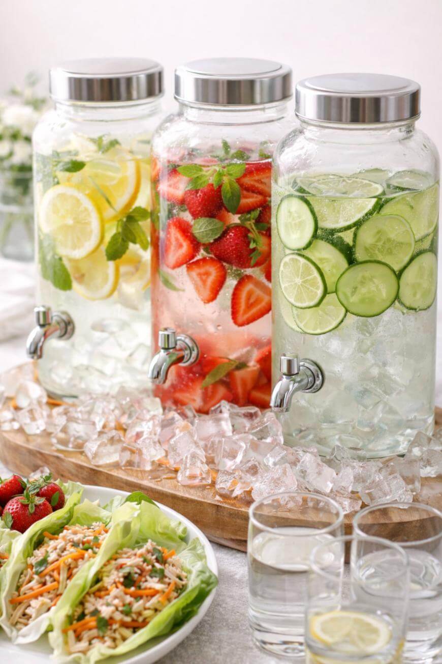 Three large glass beverage dispensers on ice, filled with water and slices of lemon, strawberries, and cucumber, are displayed behind plates of salad lettuce wraps and two glasses of water with lemon.