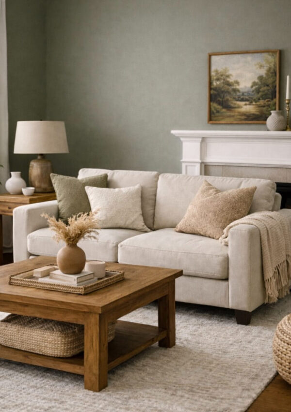 A cozy living room with a beige sofa, neutral pillows, a wooden coffee table with a vase of dried grasses, woven baskets, a table lamp, and a fireplace with candles and landscape art above it.