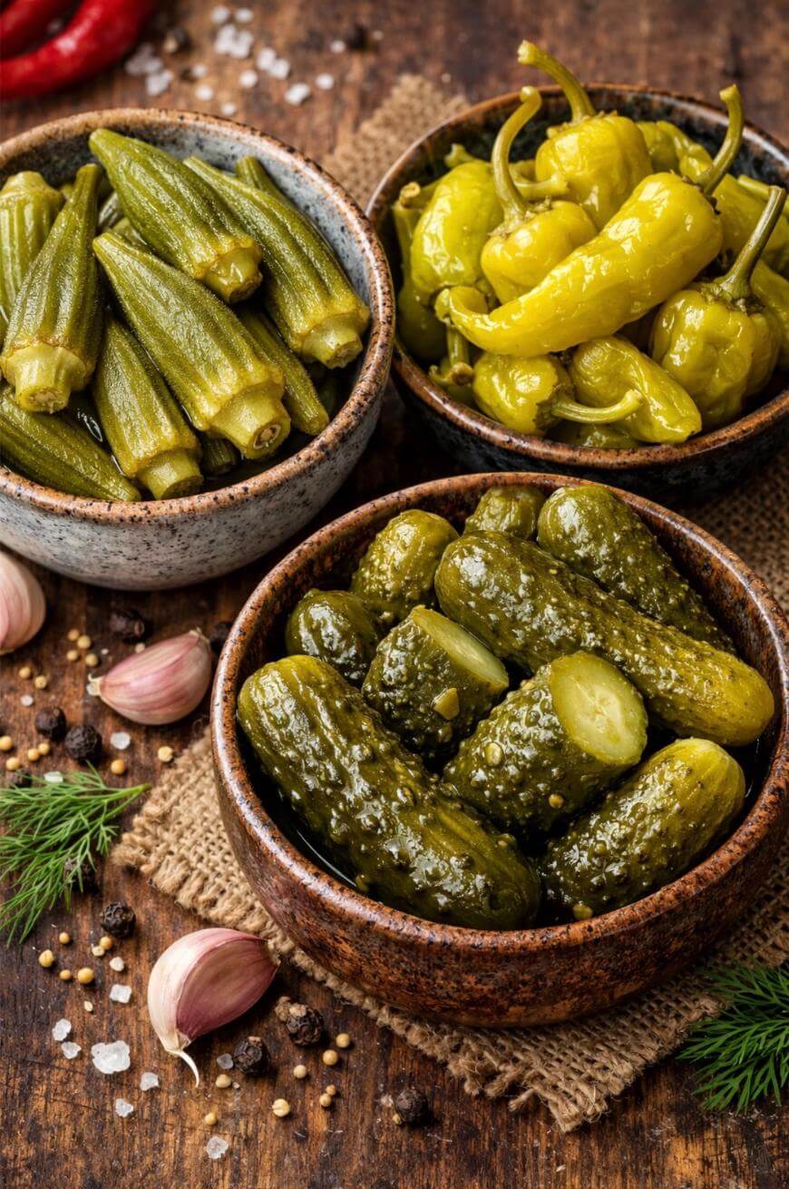 Three ceramic bowls filled with pickled okra, yellow pepperoncini, and pickles sit on a rustic wooden table, surrounded by garlic cloves, dill, and peppercorns.