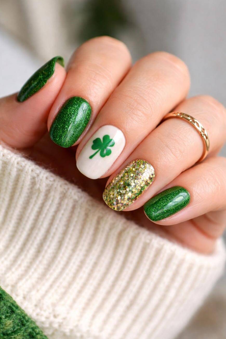 A hand with manicured nails: three nails are painted sparkly green, one is glittery gold, and the ring finger is white with a green shamrock design. The person wears a gold ring and a cream knit sweater.