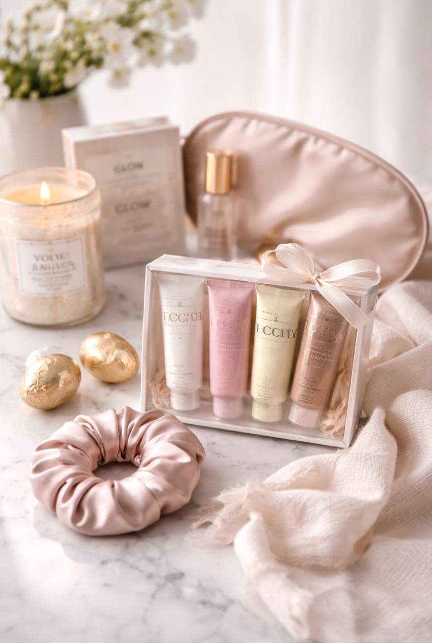 A collection of pastel-colored self-care products, including lotions, a scrunchie, gold eggs, candle, and a satin pouch, arranged on a marble surface with a soft cloth and flowers in the background.