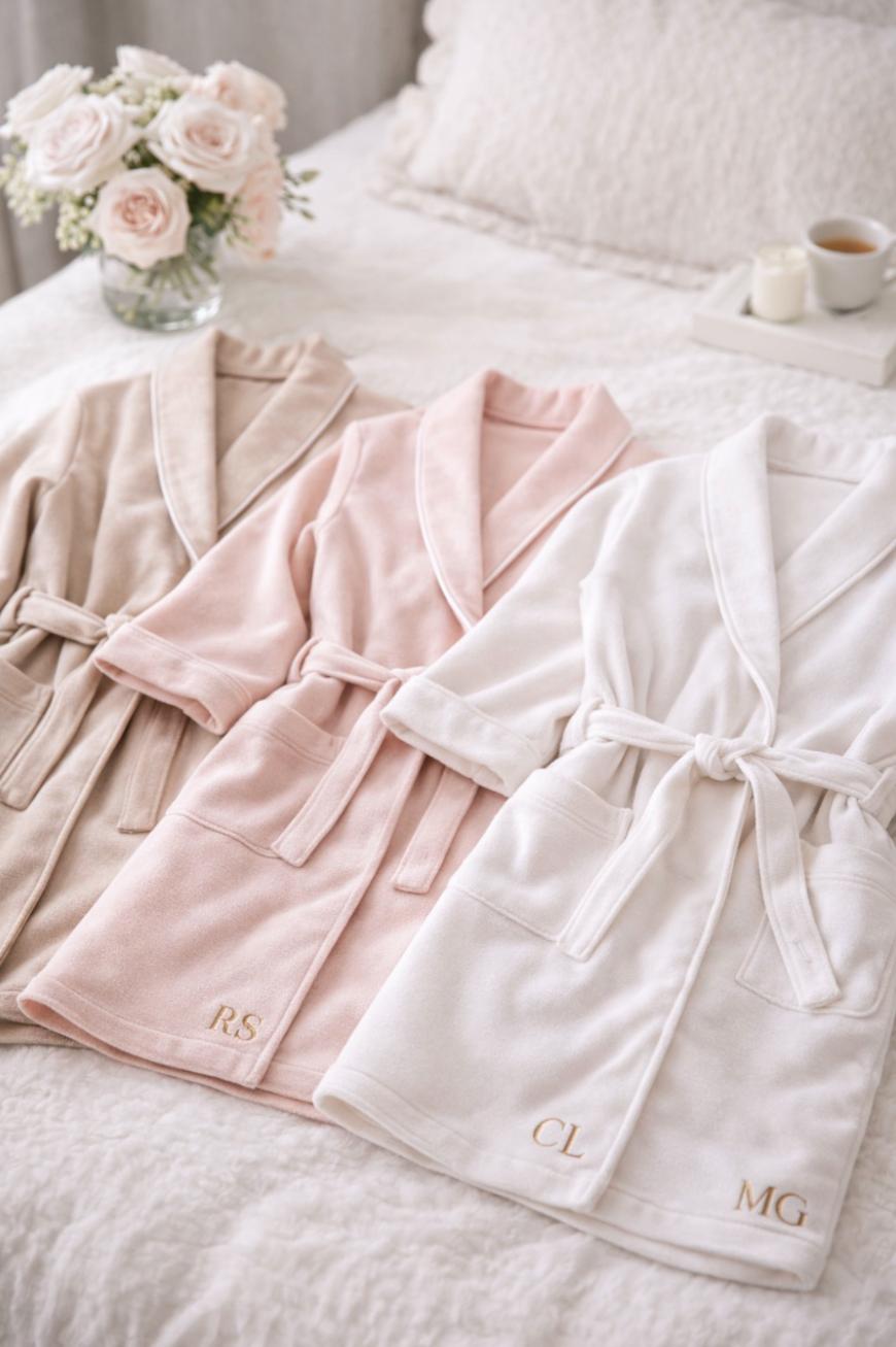 Three monogrammed bathrobes in beige, pink, and white are neatly laid out on a bed. A vase of roses, a book, and a cup of coffee are on the bedside table in the background.