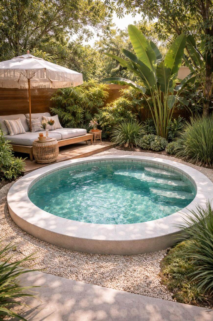 A small round pool surrounded by lush green plants and gravel. A cushioned lounge with pillows and a fringed umbrella sit nearby, creating a cozy, tropical backyard retreat.