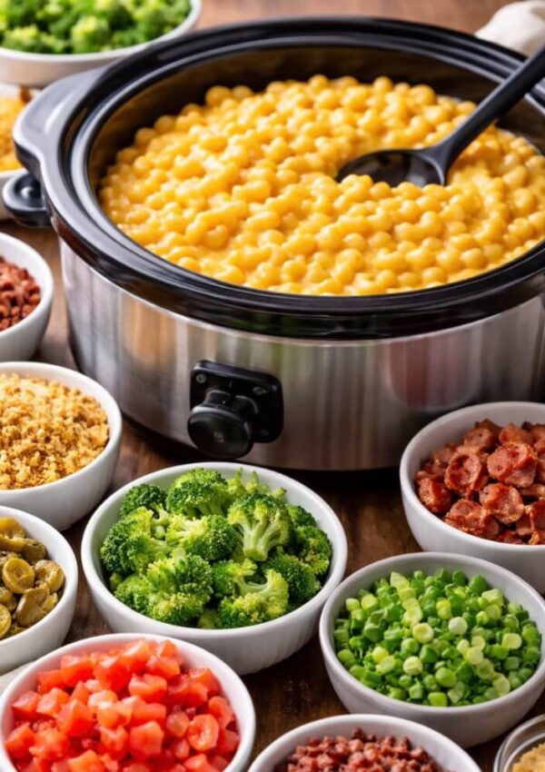 A slow cooker filled with macaroni and cheese is surrounded by small bowls of toppings like broccoli, diced tomatoes, bacon bits, green onions, jalapeños, bread crumbs, and sausage on a wooden table.