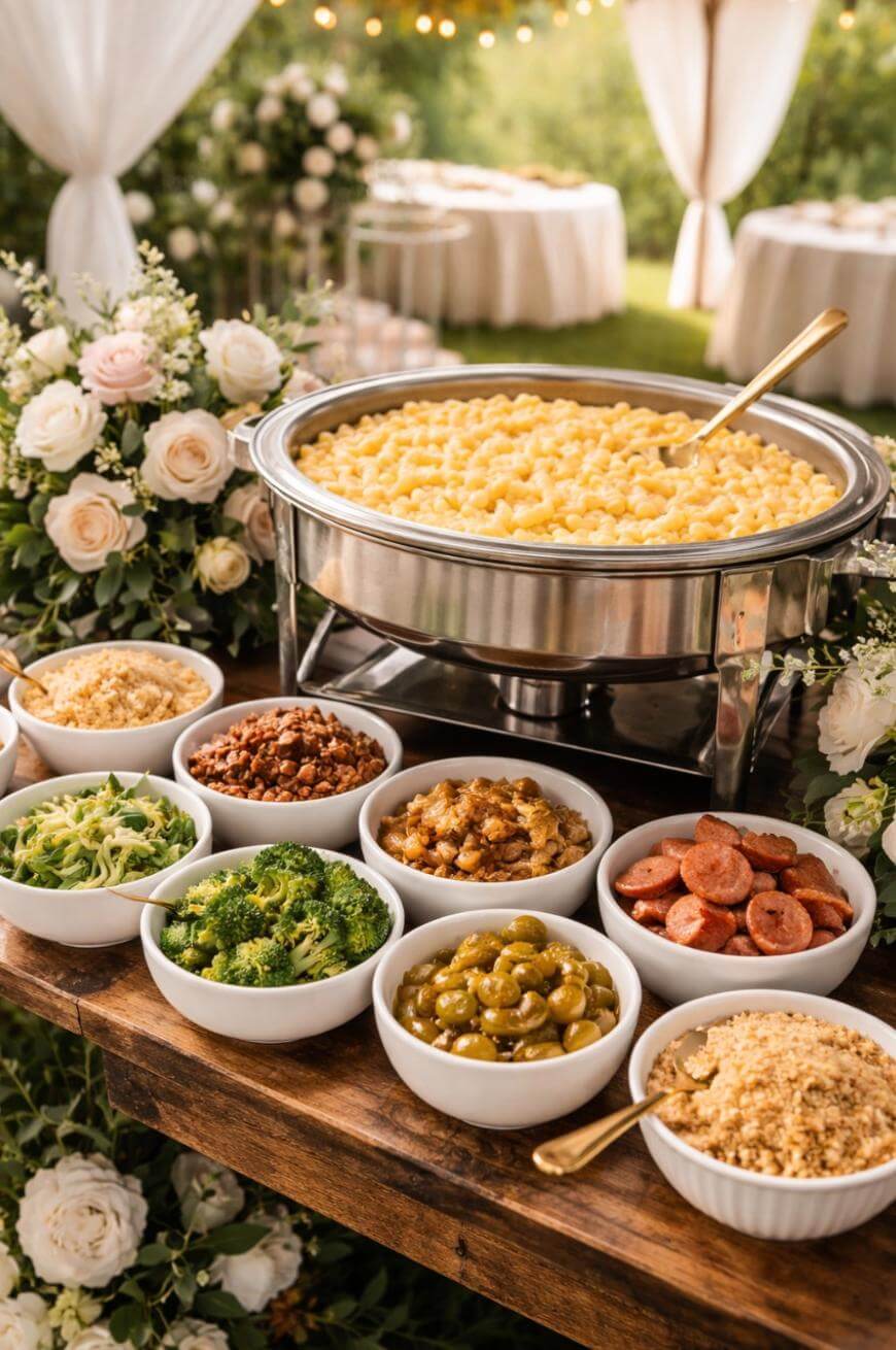 A macaroni and cheese bar with a large dish of mac and cheese surrounded by bowls of toppings, including broccoli, sausage slices, green olives, bacon bits, and breadcrumbs, set on a rustic table with floral decorations.