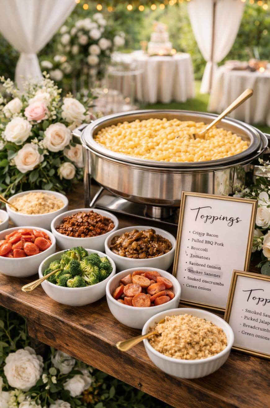 A buffet table displays a large chafing dish of macaroni and cheese, surrounded by bowls of various toppings like bacon, pulled pork, broccoli, tomatoes, and onions. A sign lists the available toppings. Flowers decorate the table.