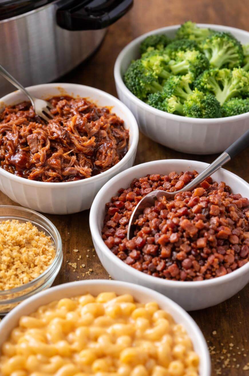 Five bowls of food on a table: steamed broccoli, shredded barbecue pork, diced cooked bacon, cooked macaroni and cheese, and a small bowl of crispy breadcrumbs. A slow cooker is partially visible in the background.