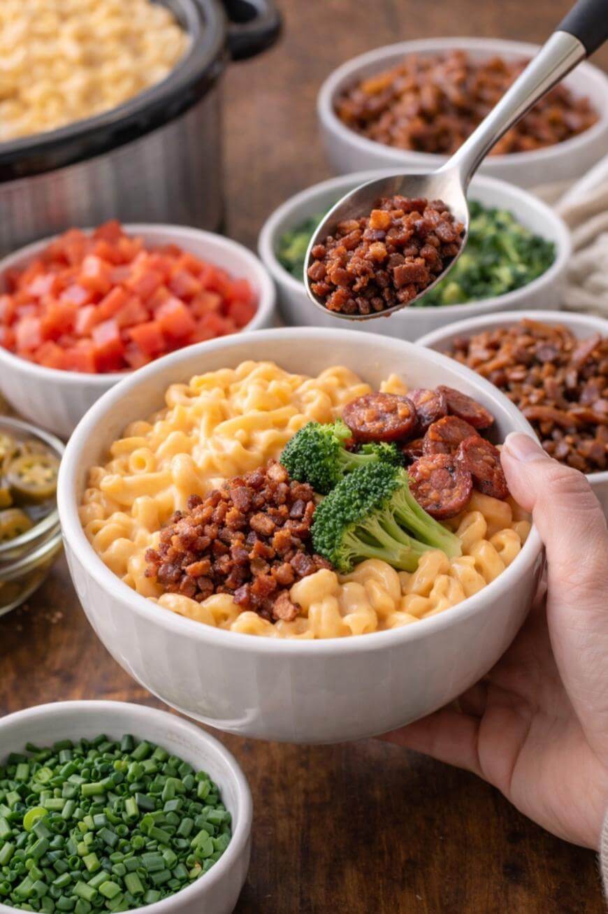 A bowl of macaroni and cheese topped with broccoli and bacon bits is held above a table with bowls of chopped toppings like tomatoes, chives, jalapeños, bacon bits, and green herbs. A spoon adds bacon bits to the bowl.