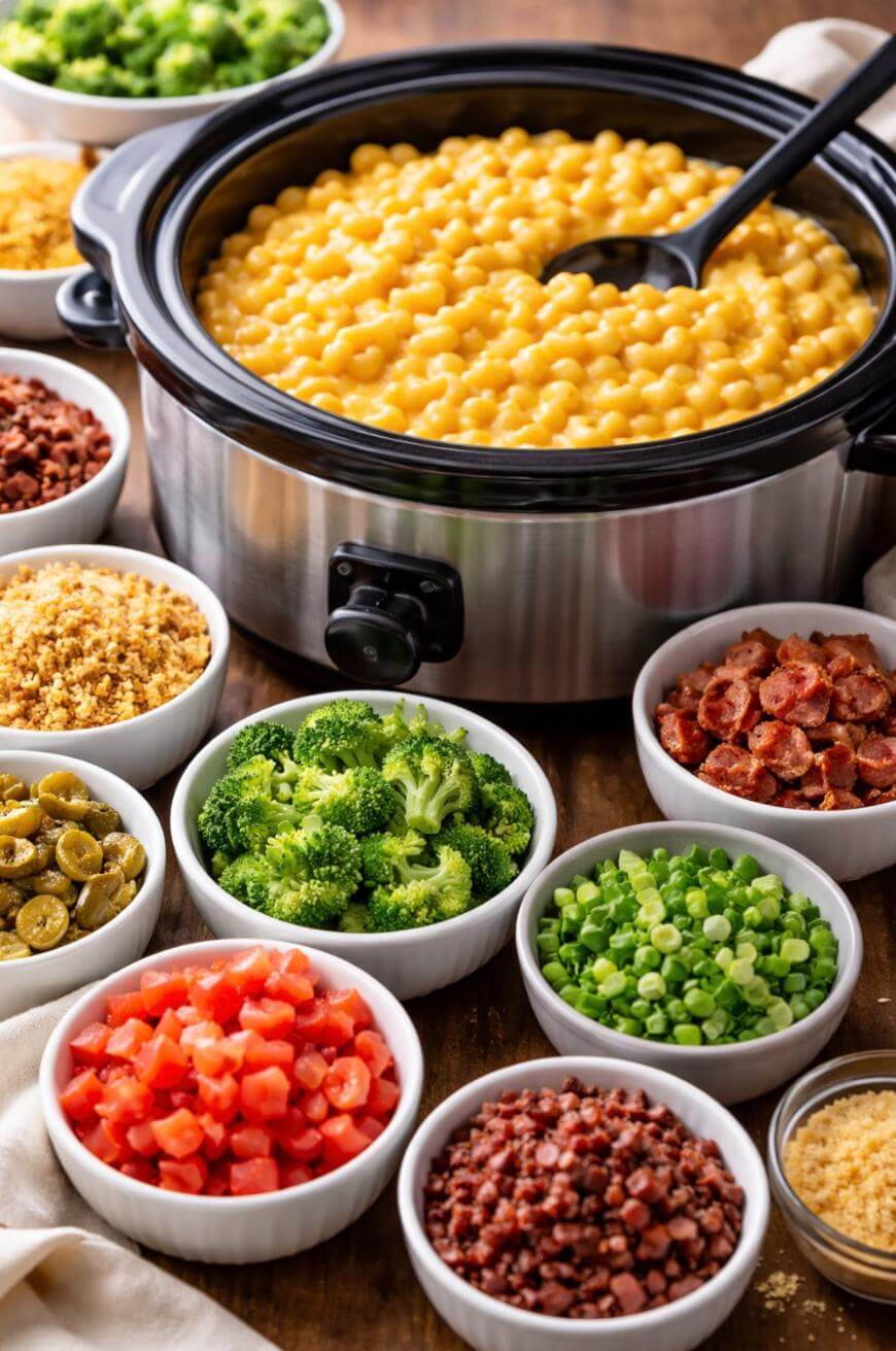 A slow cooker filled with macaroni and cheese is surrounded by small bowls of toppings, including chopped broccoli, bacon bits, diced tomatoes, green onions, jalapeños, carrots, and breadcrumbs.