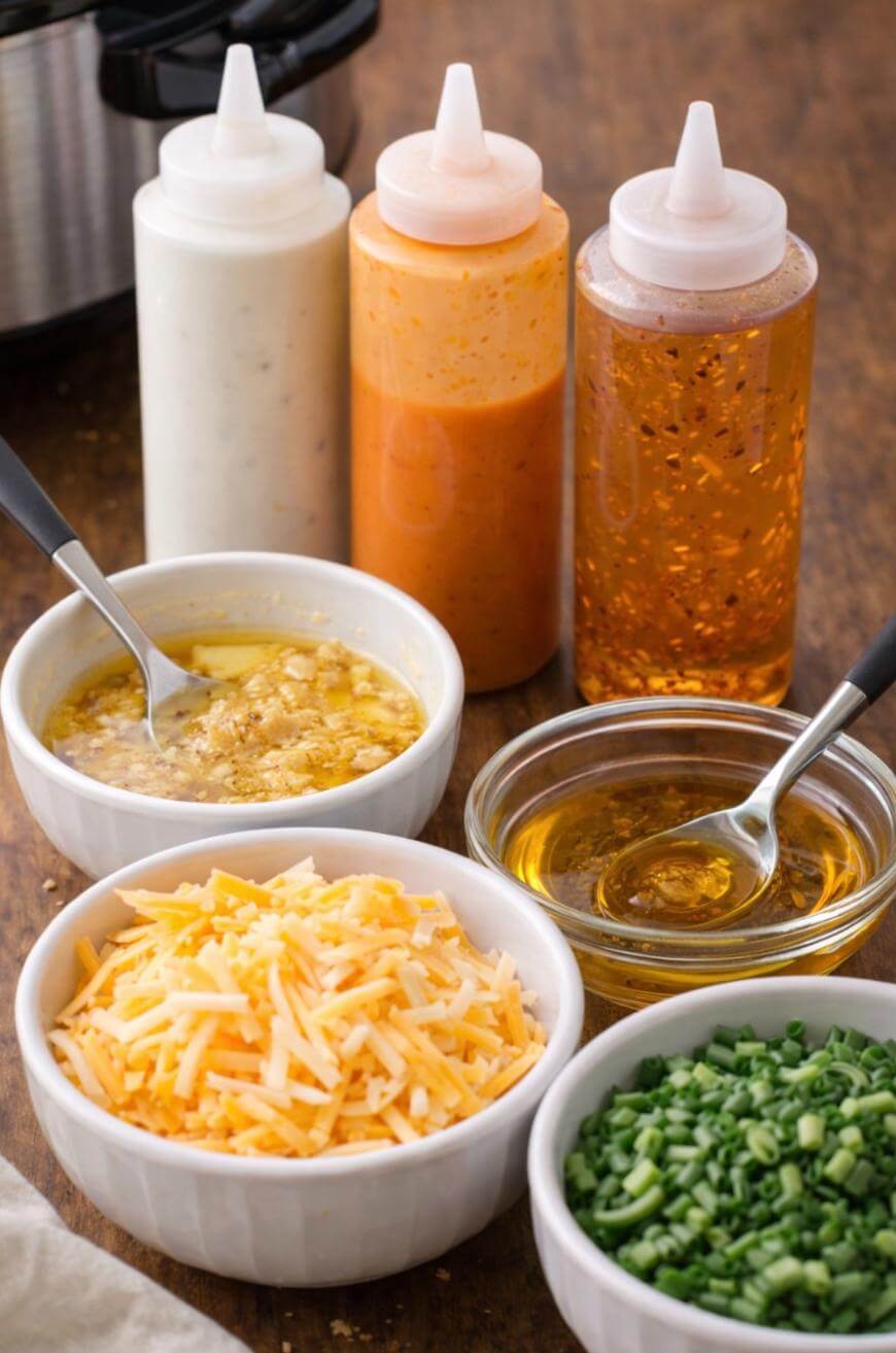 Three squeeze bottles of different sauces, a bowl of garlic butter, a bowl of grated cheese, a bowl of honey, and a bowl of chopped chives are arranged on a wooden surface. Spoons are in the butter and honey bowls.