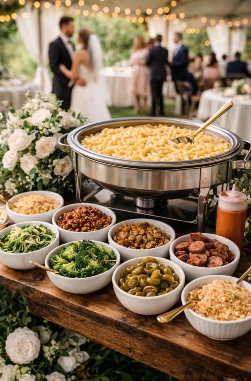 A wedding reception buffet table with a large dish of macaroni and cheese, surrounded by bowls of toppings like broccoli, jalapeños, sausage, and sauces. A bride and groom dance in the blurred background.