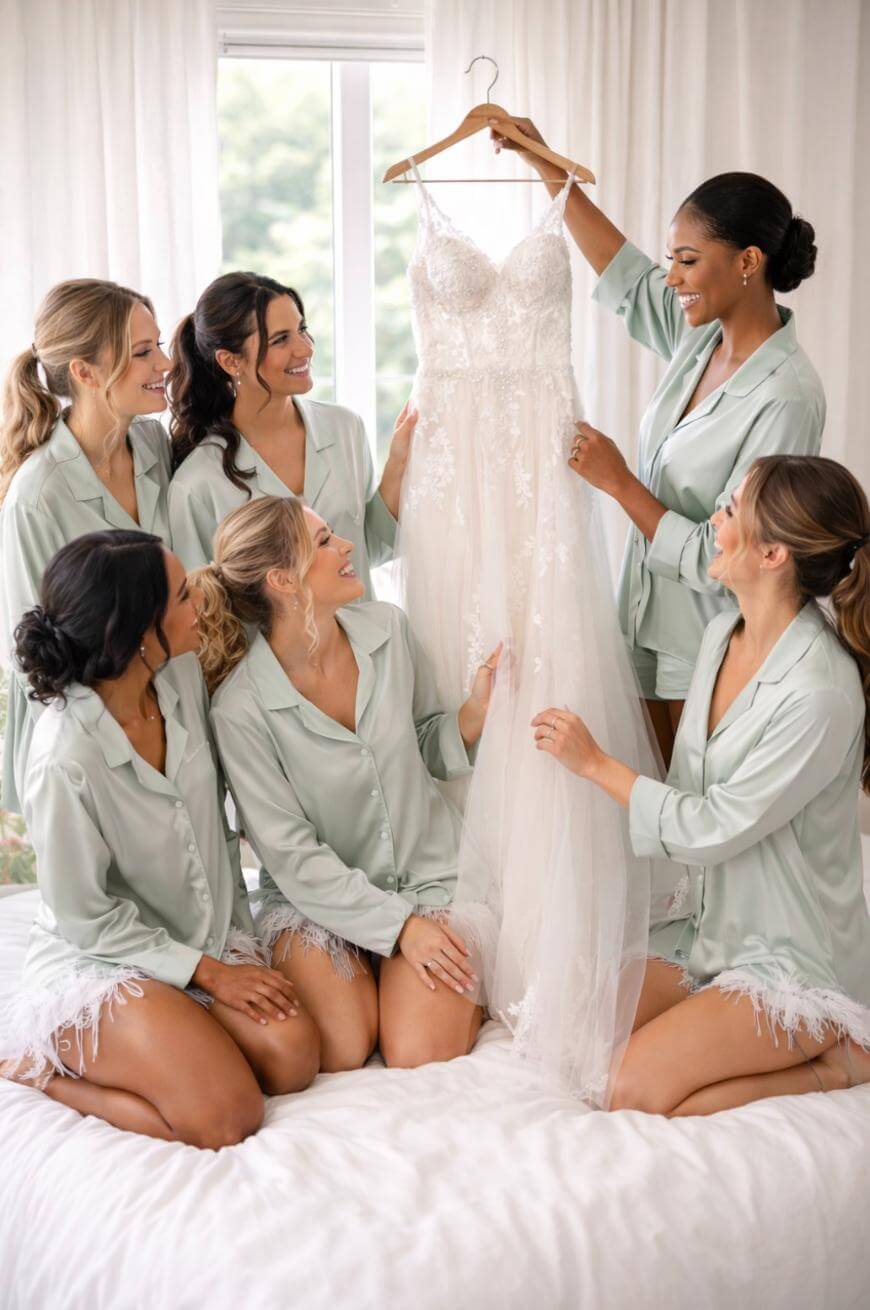 Six women in matching light green pajamas sit on a bed, smiling and admiring a white wedding dress that one of them is holding up on a hanger in a bright, airy room.