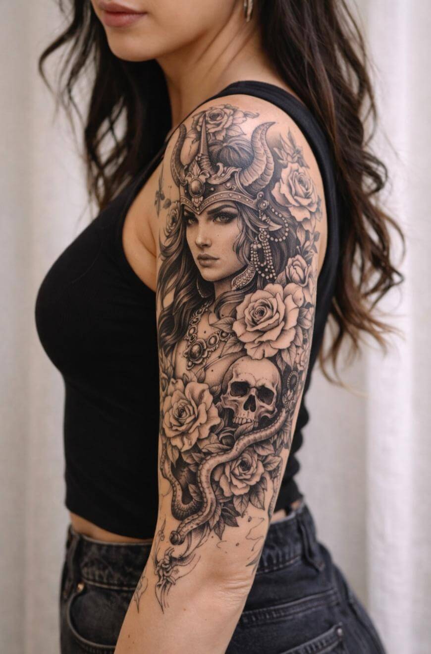 A woman with long brown hair wearing a black sleeveless top displays a detailed black and grey full-sleeve tattoo featuring a crowned woman, roses, a skull, and ornate jewelry on her upper arm.