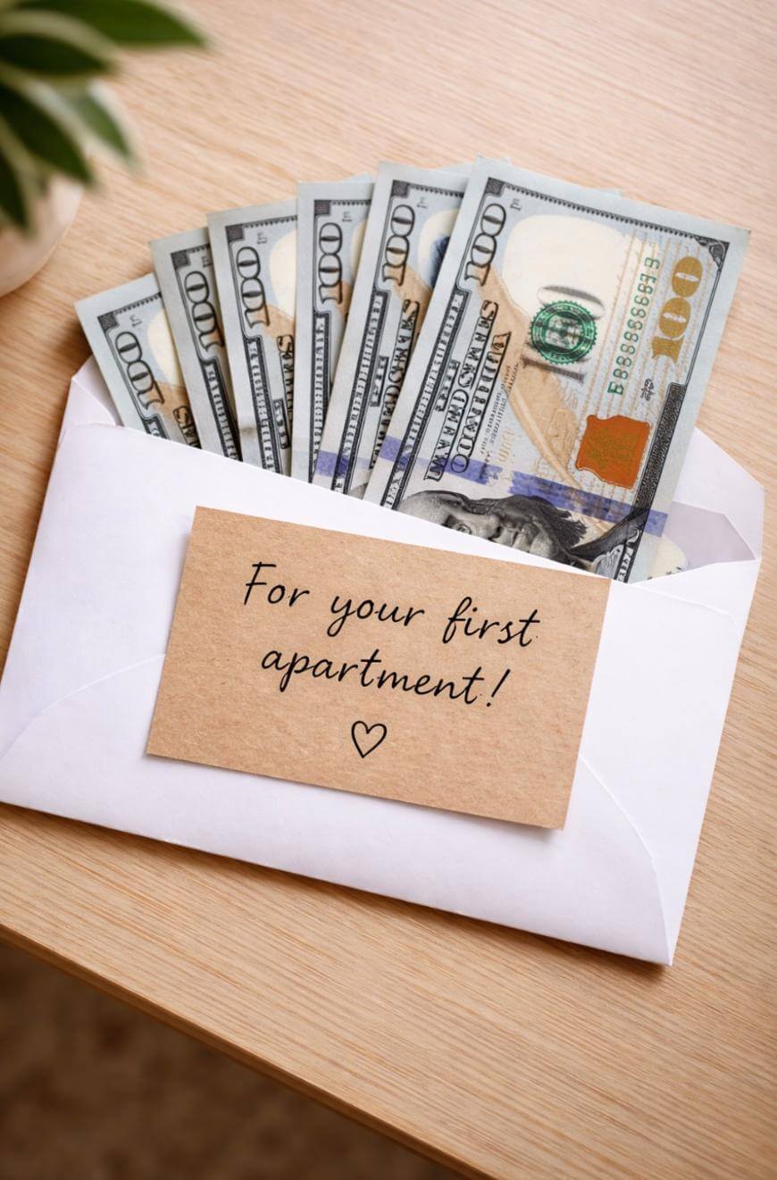 An envelope filled with several $100 bills sits on a wooden surface. A brown card on top of the envelope reads, For your first apartment! with a small heart drawn beneath the text.