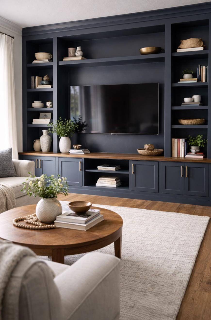 A modern living room with a large navy built-in entertainment center, a wall-mounted TV, open shelves with decor, cabinets below, a round wooden coffee table, light sofas, and a neutral rug on a wood floor.
