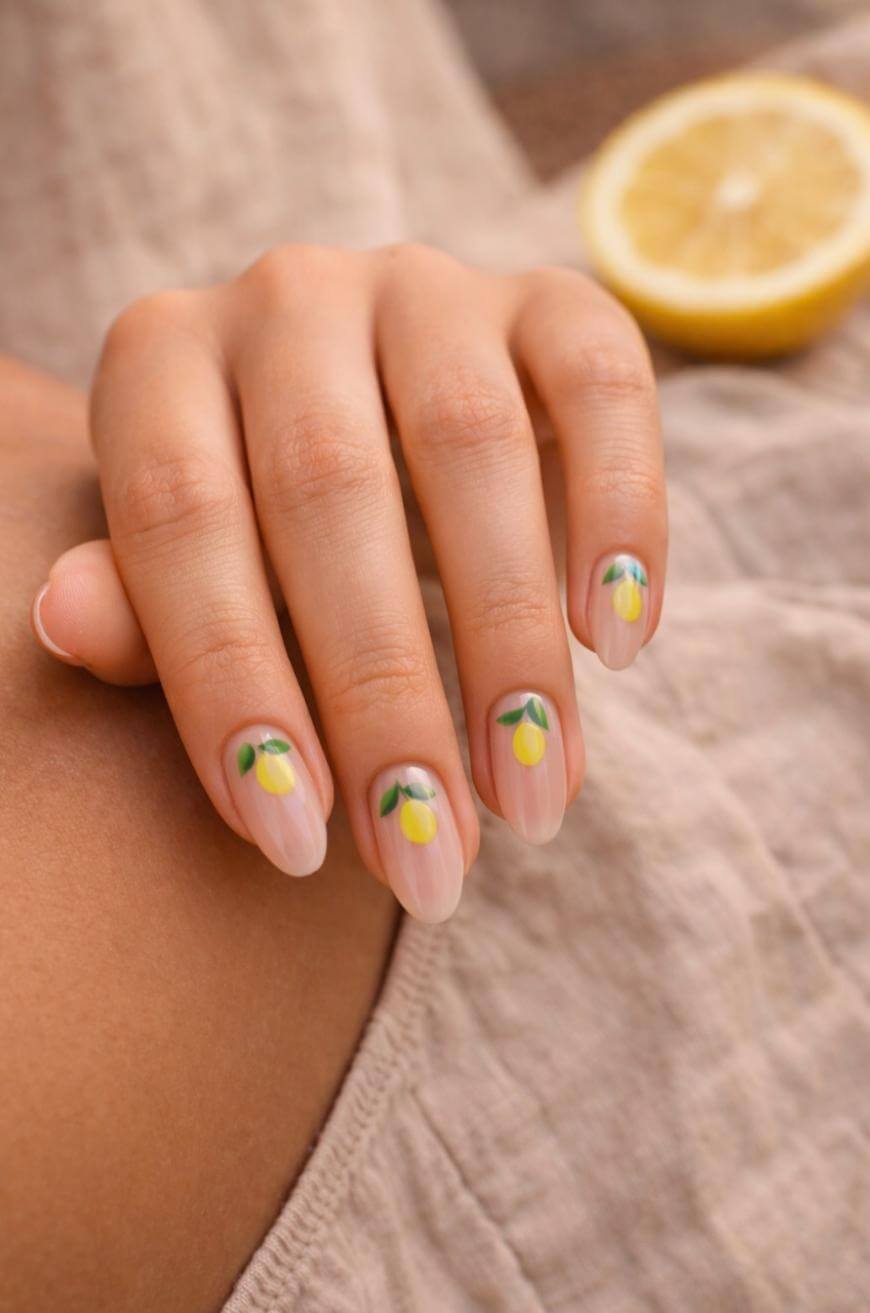 A hand with long, oval-shaped nails featuring lemon fruit designs, resting on a beige fabric. A sliced lemon is visible in the blurred background.