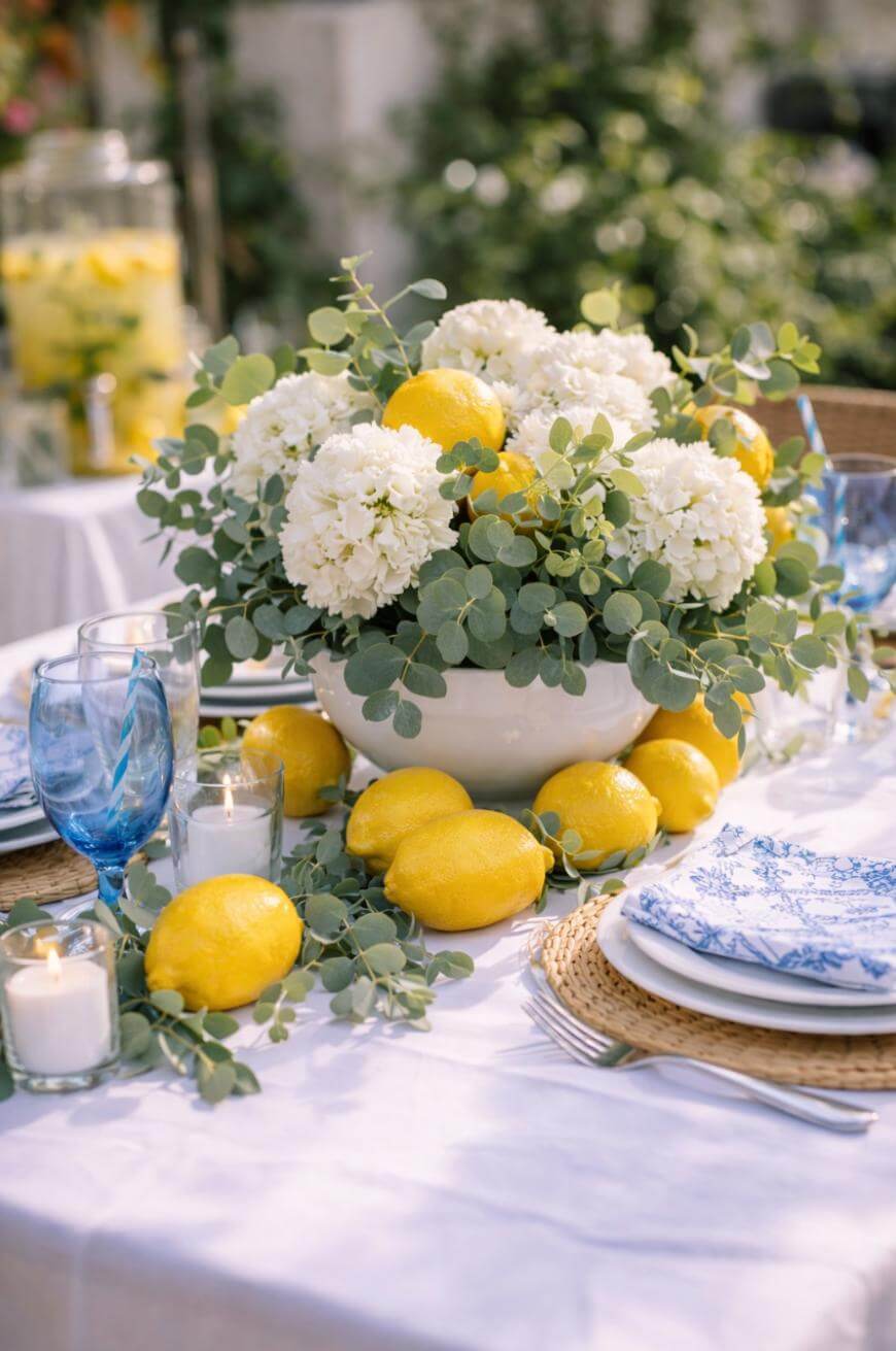 A summer table setting with a centerpiece of white flowers, eucalyptus, and lemons in a bowl. Fresh lemons and greenery decorate the table, alongside blue glasses, white plates with blue patterns, and lit candles.