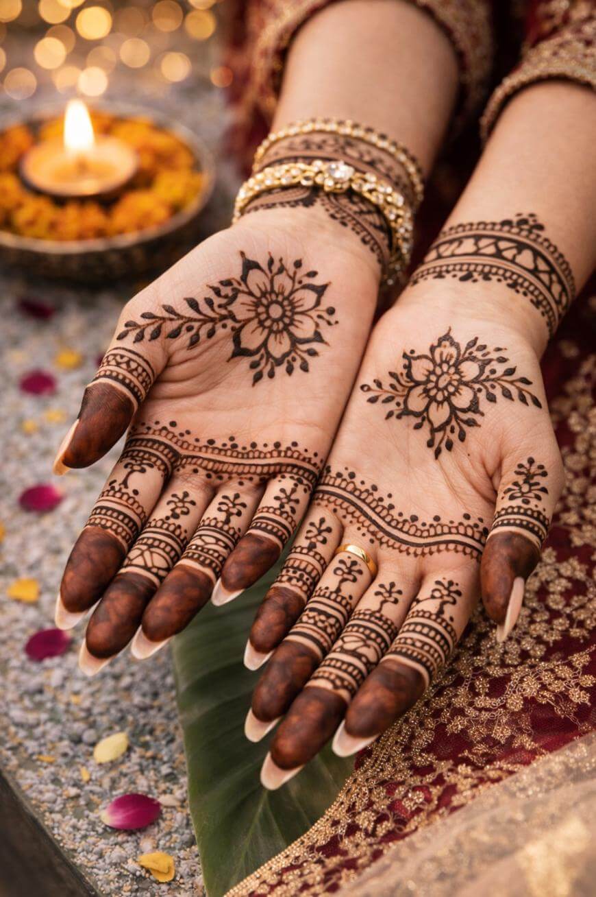 A close-up of hands adorned with intricate henna designs and gold bangles, palms facing up, with a lit candle and flower petals in the background, creating a festive and traditional ambiance.