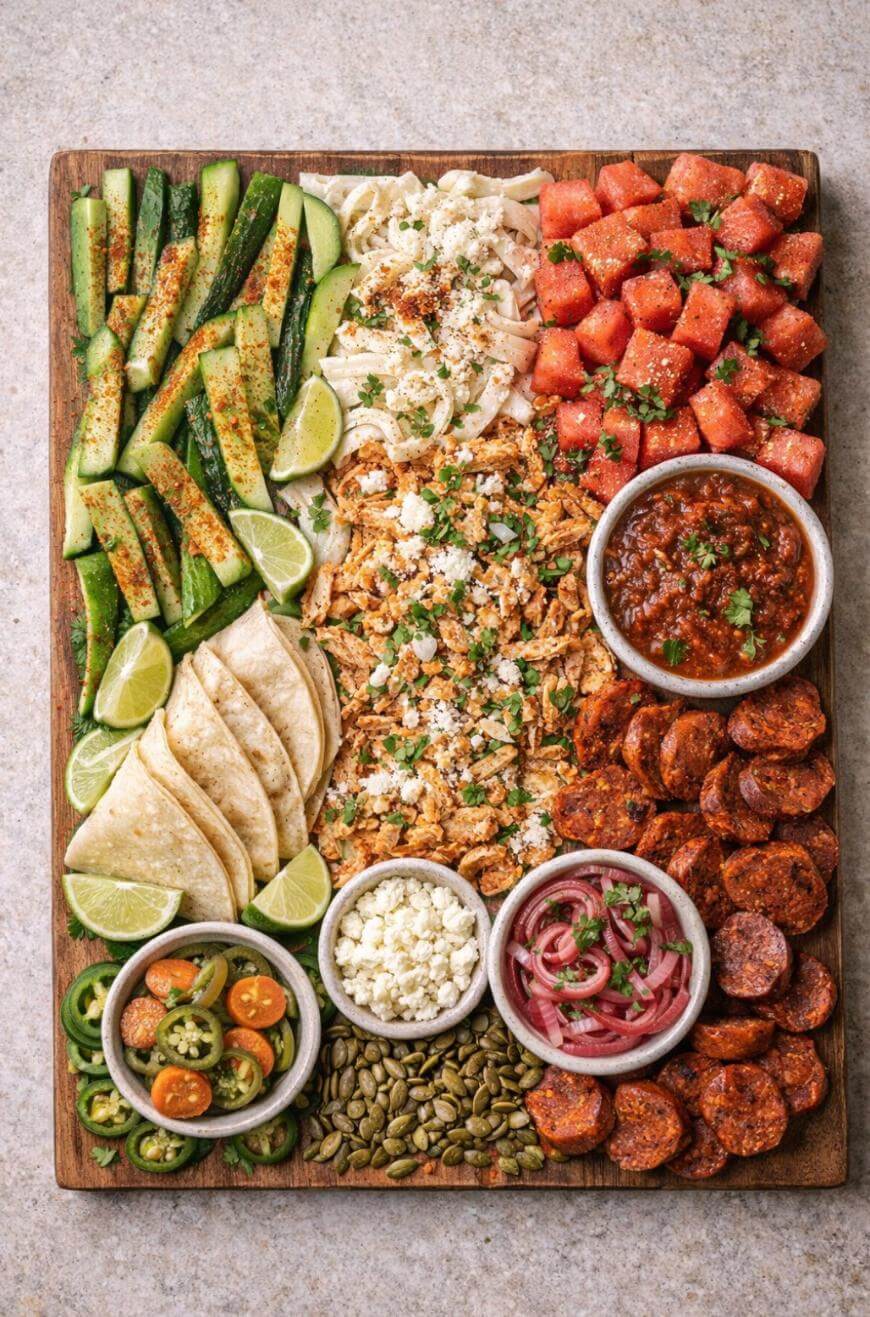 A vibrant Mexican-inspired snack board with sliced cucumbers, watermelon cubes, lime wedges, mini tortillas, shredded chicken, salsa, cheese, pickled onions, sliced sausage, jalapeños, cherry tomatoes, and pumpkin seeds.
